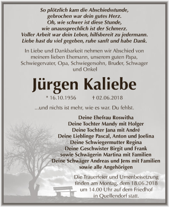 Traueranzeige von Jürgen Kaliebe von WVG - Wochenspiegel Dessau / Köthen