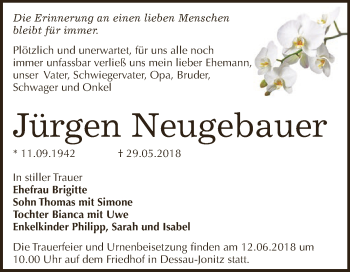 Traueranzeige von Jürgen Neugebauer von WVG - Wochenspiegel Dessau / Köthen
