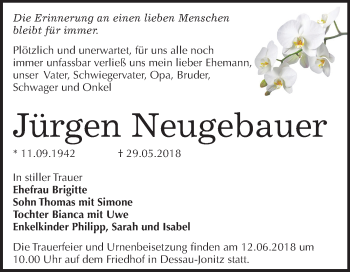 Traueranzeige von Jürgen Neugebauer von Mitteldeutsche Zeitung