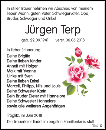 Traueranzeige von Jürgen Terp von Mitteldeutsche Zeitung Zeitz