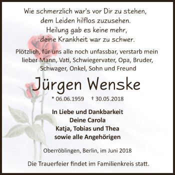 Traueranzeige von Jürgen Wenske von Super Sonntag SGH Mansf. Land