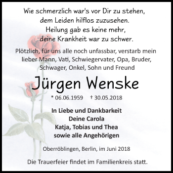Traueranzeige von Jürgen Wenske von Mitteldeutsche Zeitung Sangerhausen
