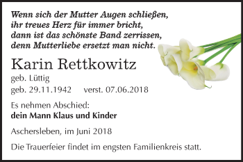 Traueranzeige von Karin Rettkowitz von Mitteldeutsche Zeitung Aschersleben