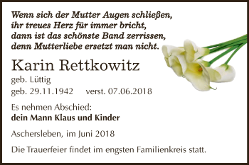 Traueranzeige von Karin Rettkowitz von Super Sonntag Aschersleben