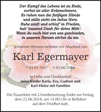 Traueranzeige von Karl Egermayer von Mitteldeutsche Zeitung Bernburg
