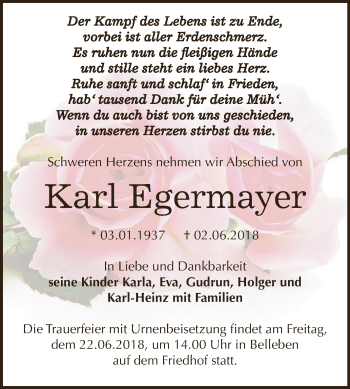 Traueranzeige von Karl Egermayer von Super Sonntag Bernburg
