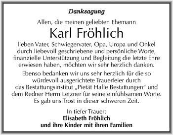 Traueranzeige von Karl Fröhlich von Mitteldeutsche Zeitung Halle/Saalkreis