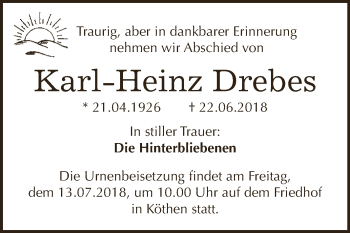 Traueranzeige von Karl-Heinz Drebes von WVG - Wochenspiegel Dessau / Köthen