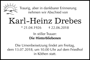 Traueranzeige von Karl-Heinz Drebes von Mitteldeutsche Zeitung Köthen