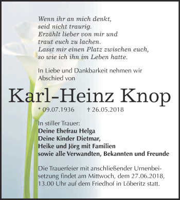 Traueranzeige von Karl-Heinz Knop von WVG - Wochenspiegel Bitterfeld