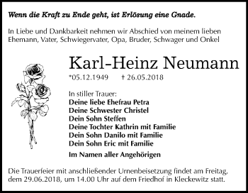 Traueranzeige von Karl-Heinz Neumann von WVG - Wochenspiegel Bitterfeld