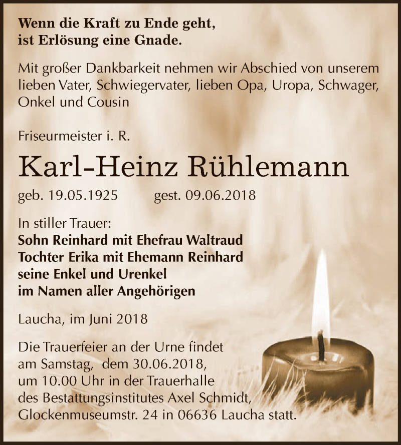 Traueranzeigen von KarlHeinz Rühlemann www.abschiednehmen.de