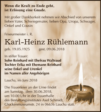Traueranzeige von Karl-Heinz Rühlemann von WVG - Wochenspiegel NMB / WSF / ZTZ