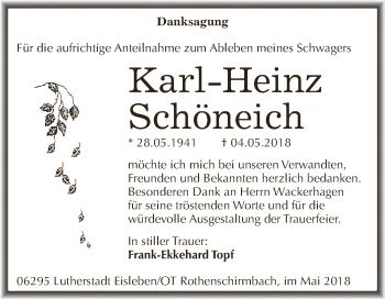Traueranzeige von Karl-Heinz Schöneich von Wochenspiegel Mansfelder Land