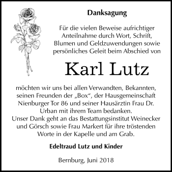 Traueranzeige von Karl Lutz von Mitteldeutsche Zeitung Bernburg