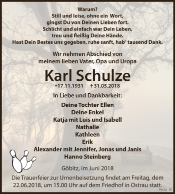 Traueranzeige von Karl Schulze von Super Sonntag Zeitz