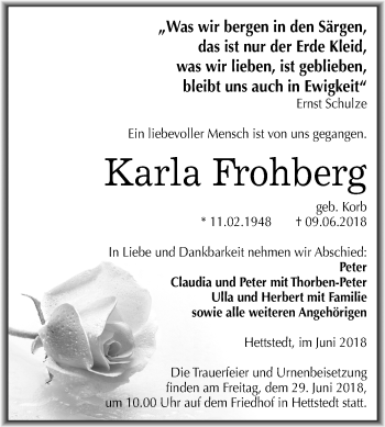 Traueranzeige von Karla Frohberg von Mitteldeutsche Zeitung