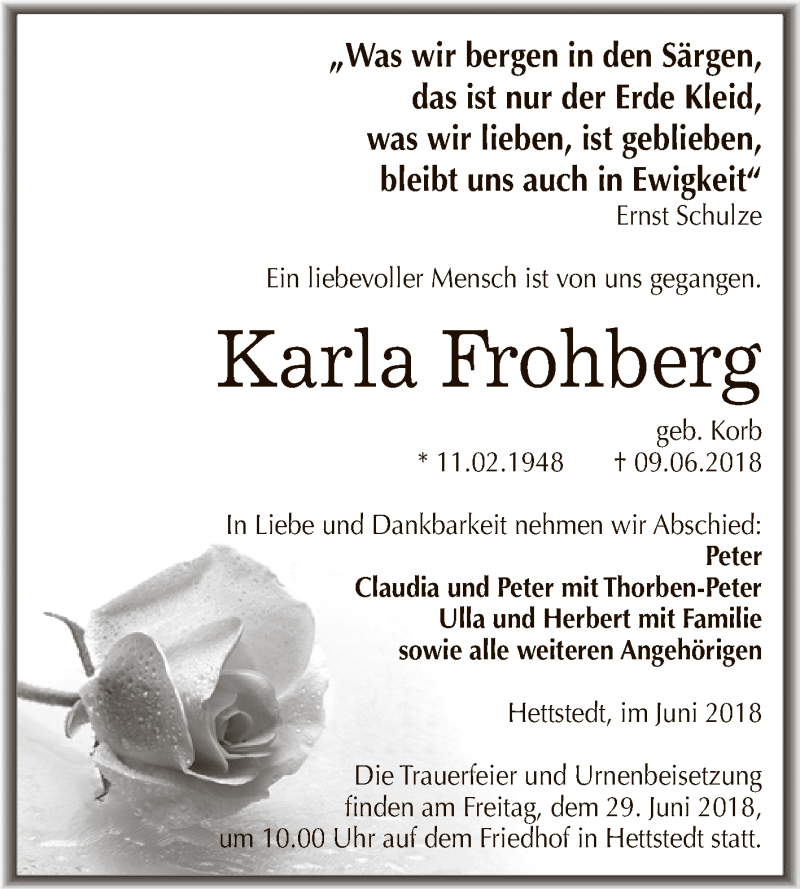  Traueranzeige für Karla Frohberg vom 20.06.2018 aus Wochenspiegel Mansfelder Land