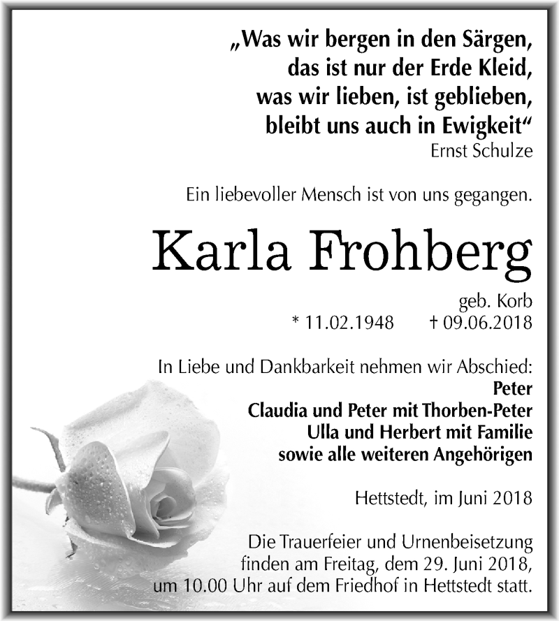  Traueranzeige für Karla Frohberg vom 16.06.2018 aus Mitteldeutsche Zeitung