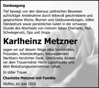 Traueranzeige von Karlheinz Metzner von WVG - Wochenspiegel Bitterfeld