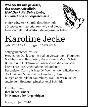Traueranzeige von Karoline Jecke von Mitteldeutsche Zeitung