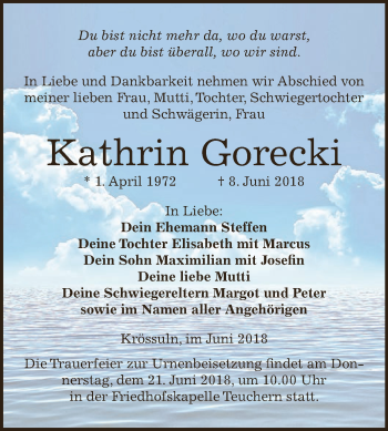 Traueranzeige von Kathrin Gorecki von WVG - Wochenspiegel NMB / WSF / ZTZ