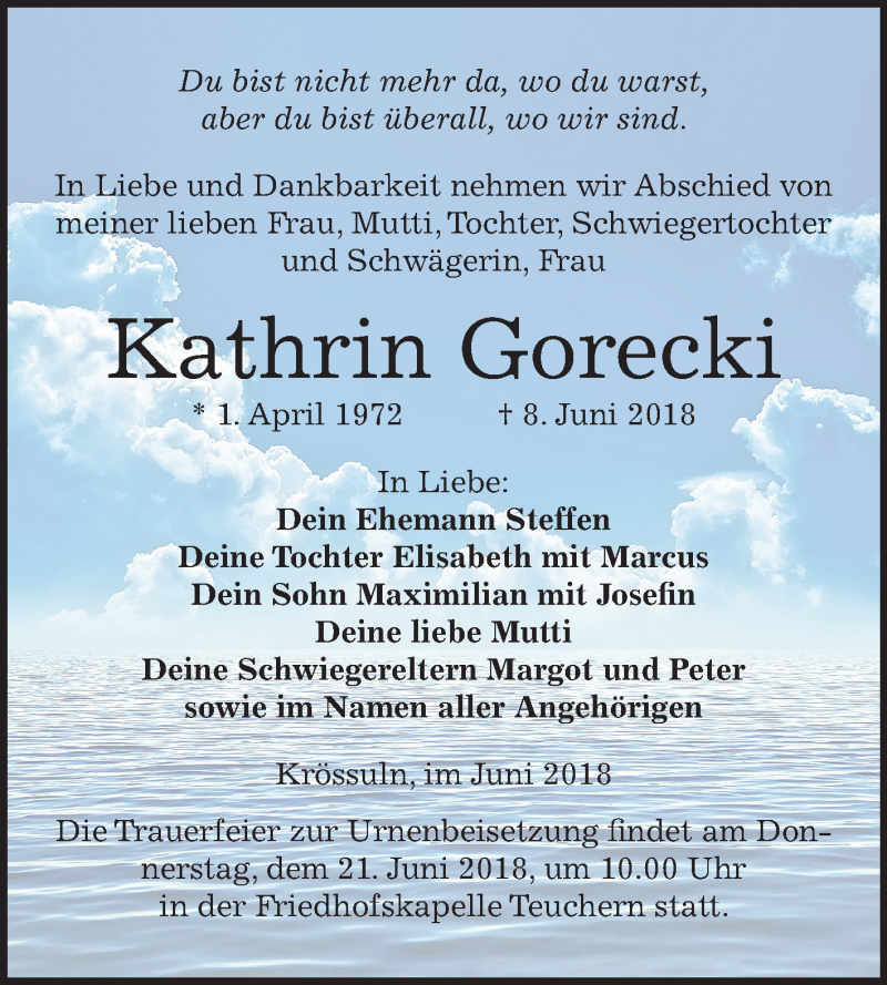  Traueranzeige für Kathrin Gorecki vom 16.06.2018 aus Mitteldeutsche Zeitung