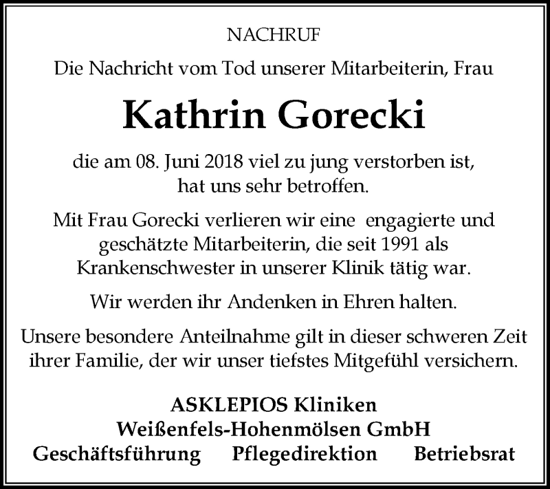  Traueranzeige für Kathrin Gorecki vom 23.06.2018 aus Mitteldeutsche Zeitung Weißenfels