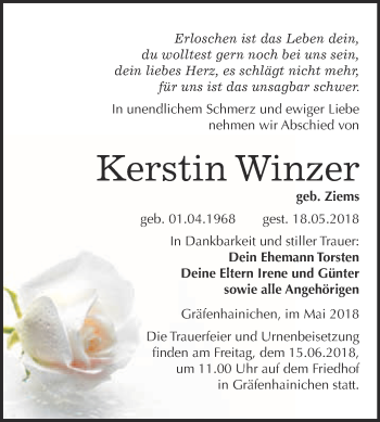 Traueranzeige von Kerstin Winzer von WVG - Wochenspiegel Wittenberg