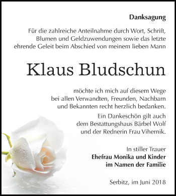 Traueranzeige von Klaus Bludschun von Mitteldeutsche Zeitung Bitterfeld