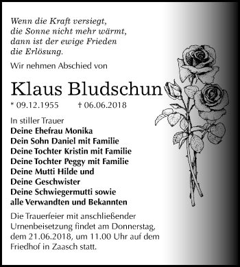 Traueranzeige von Klaus Bludschun von Mitteldeutsche Zeitung Bitterfeld