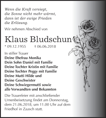 Traueranzeige von Klaus Bludschun von WVG - Wochenspiegel Bitterfeld