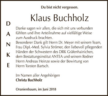 Traueranzeige von Klaus Buchholz von WVG - Wochenspiegel Dessau / Köthen