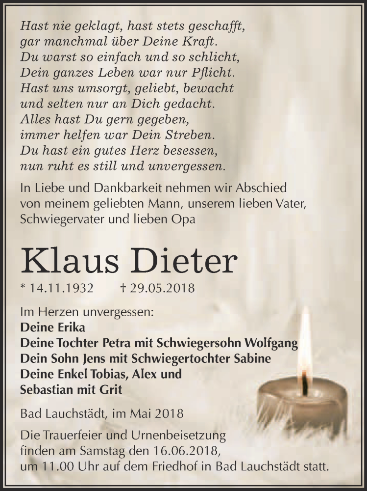  Traueranzeige für Klaus Dieter vom 02.06.2018 aus WVG - Wochenspiegel Merseburg