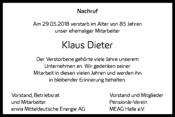 Traueranzeige von Klaus Dieter von Mitteldeutsche Zeitung Merseburg/Querfurt