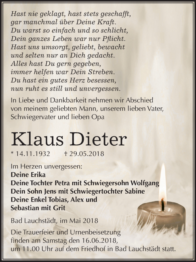  Traueranzeige für Klaus Dieter vom 02.06.2018 aus Mitteldeutsche Zeitung Merseburg/Querfurt