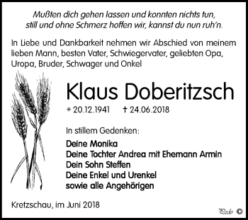 Traueranzeige von Klaus Doberitzsch von Mitteldeutsche Zeitung Zeitz