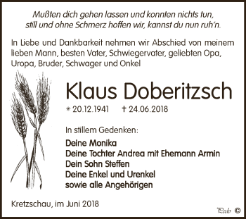 Traueranzeige von Klaus Doberitzsch von Super Sonntag Zeitz