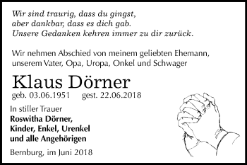 Traueranzeige von Klaus Dörner von Mitteldeutsche Zeitung Bernburg