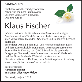 Traueranzeige von Klaus Fischer von Mitteldeutsche Zeitung