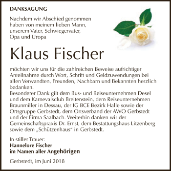 Traueranzeige von Klaus Fischer von Wochenspiegel Mansfelder Land