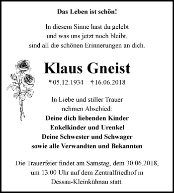 Traueranzeige von Klaus Gneist von Mitteldeutsche Zeitung Dessau-Roßlau