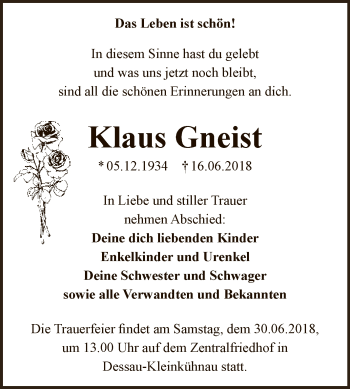 Traueranzeige von Klaus Gneist von WVG - Wochenspiegel Dessau / Köthen