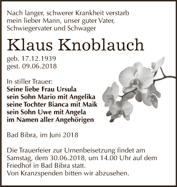 Traueranzeige von Klaus Knoblauch von WVG - Wochenspiegel NMB / WSF / ZTZ