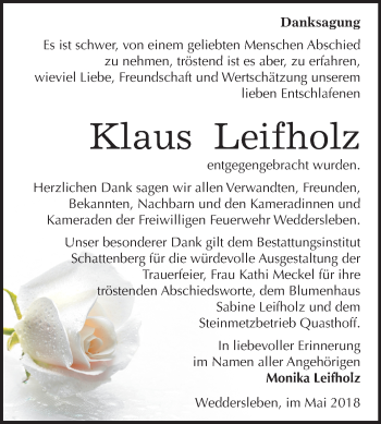 Traueranzeige von Klaus Leifholz von Mitteldeutsche Zeitung Quedlinburg