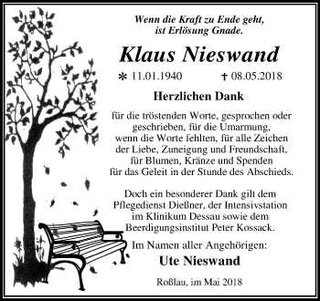 Traueranzeige von Klaus Nieswand von Mitteldeutsche Zeitung Dessau-Roßlau