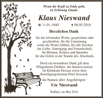 Traueranzeige von Klaus Nieswand von WVG - Wochenspiegel Dessau / Köthen