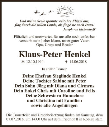 Traueranzeige von Klaus-Peter Henkel von WVG - Wochenspiegel Dessau / Köthen