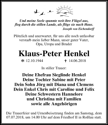 Traueranzeige von Klaus-Peter Henkel von Mitteldeutsche Zeitung Dessau-Roßlau