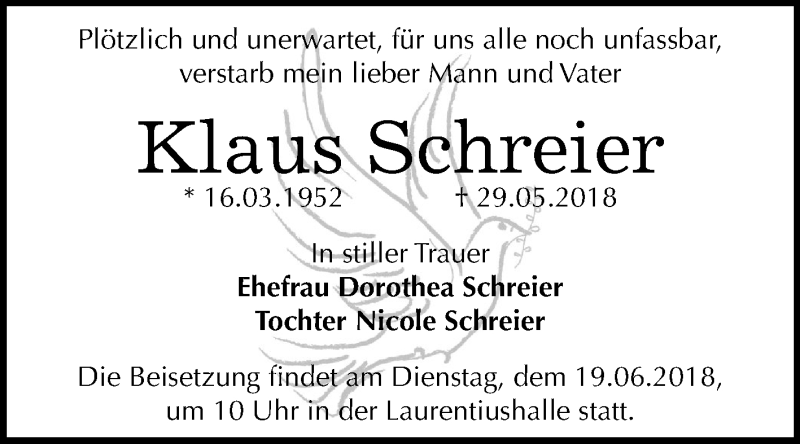  Traueranzeige für Klaus Schreier vom 16.06.2018 aus Mitteldeutsche Zeitung Dessau-Roßlau